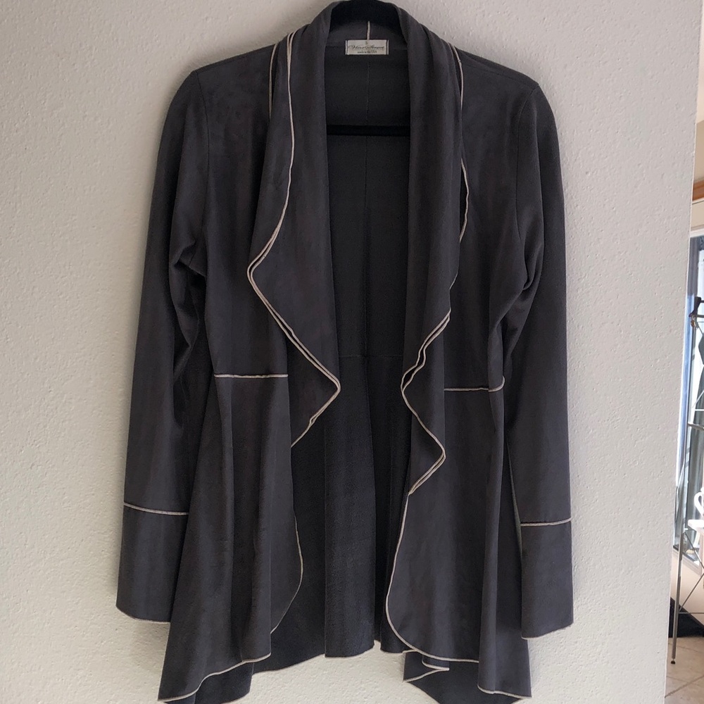 Brown Vine Street Open-Front Draped Jacket with Contrast Piping, Size S